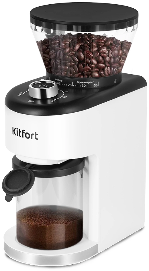 Кофемолка Kitfort КТ-7205 200Вт сист.помол.:жернова вместим.:250гр белый/черный Кофемолка Kitfort КТ-7205 200Вт сист.помол.:жернова вместим.:250гр белый/черный